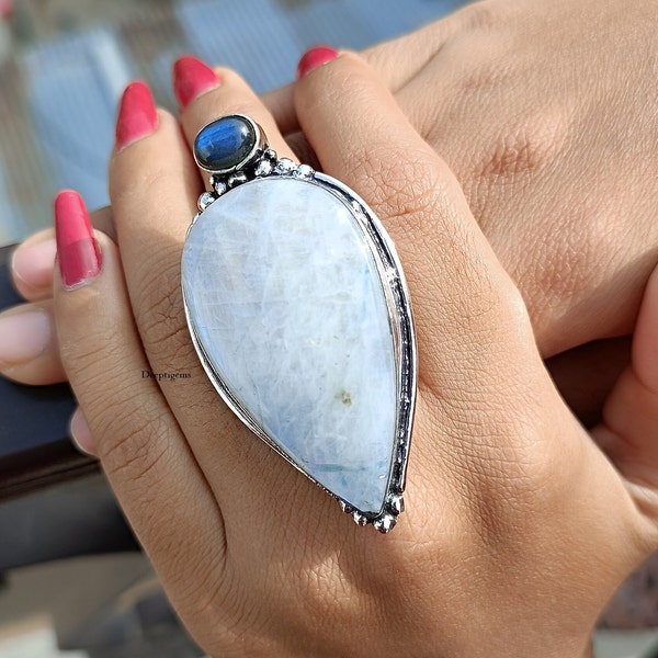 Rainbow Moonstone Ring, Boho Ring for Women, 925 Solid Sterling Silver Ring, Moonstone Ring, Large Stone Ring, Handmade Jewelry