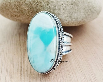 Larimar Ring, Boho Larimar Ring, Handmade Ring, 925 Sterling Silver Ring, Silver Larimar Ring, Statement Ring, Gemstone Ring, Gift  Her D457