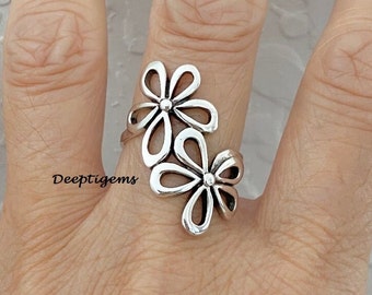 Sterling Silver 2 Large Flower Ring, Statement Ring, Boho Ring, Silver Ring  D412