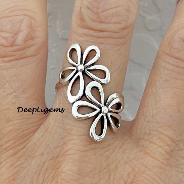 Bague en argent sterling avec 2 grandes fleurs, bague tendance, bague bohème, bague en argent D412