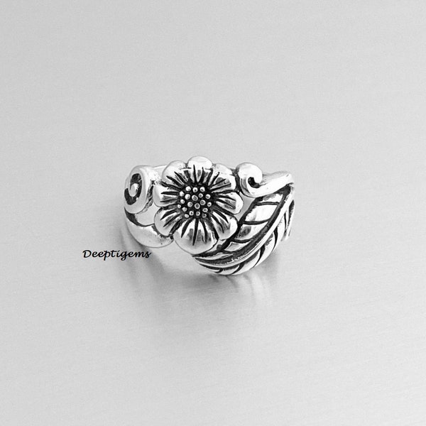 Bague tendance en argent sterling tournesol avec feuille, bague fleur, bague feuille, bague tendance D413