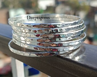 925 Sterling Silver Hammered Bangles, Set of 7 Bangles, Semanario, Stacking Bangles,7 Day Bangles ,Half Round Bangles, new top item