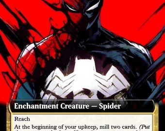 May include: A Magic: The Gathering card named "Give In" with a Spider-Man-like character. The card is predominantly red and black, with the text "Enchantment Creature - Spider". The card's power and toughness are 2/3.