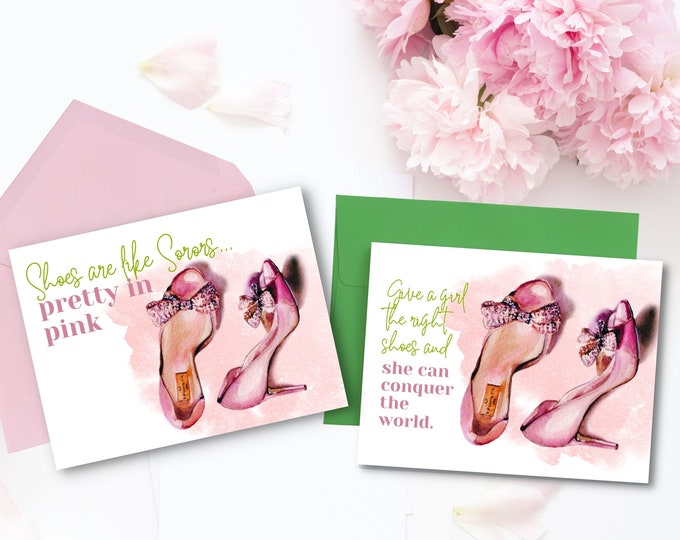 Featured listing image: Pink and Green Cards | Shoes are Like Sorors Card |  | Welcome Soror | Congratulations Cards | Greek Greetings | HBCU Gifts
