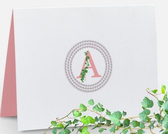 Pink Ivy Monogram Notecards: Personalized Stationery with Green Envelopes