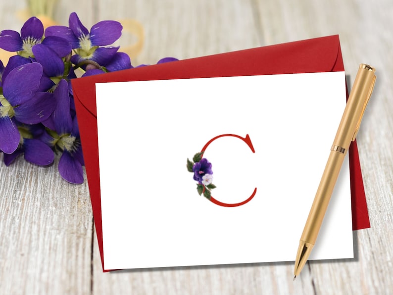 Red Monogram Notecards Sorority notecards Red Monogram Gifts Personalized Notecards Say Hello Thank You African Violets image 1