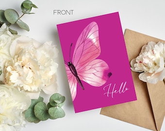 Pink Butterfly Notecard, Watercolor Butterfly, Say Hello, Thinking about you , Just Because, Soror Stationery, Across the miles card