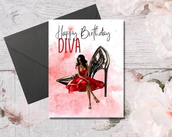 Divine Diva Birthday Card: Fashionable Black Woman, Red Dress