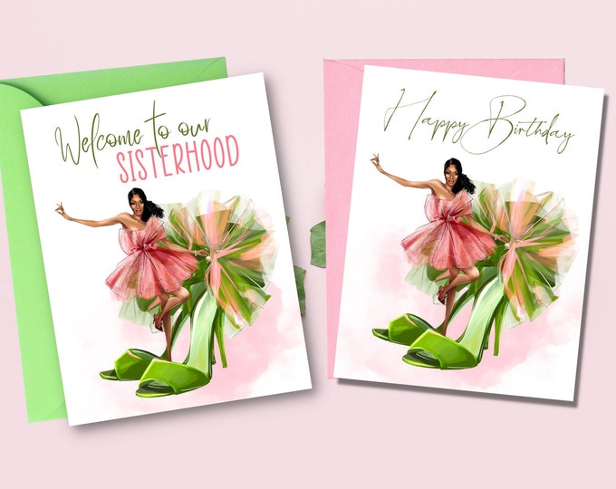Featured listing image: Soror Greeting Cards | Pink and Green Cards | Happy Birthday Sis | Congratulations | Shoe Cards