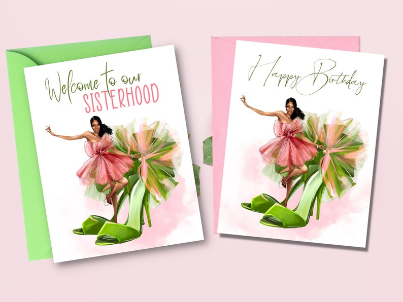 Soror Greeting Cards Pink and Green Cards Happy Birthday Sis Congratulations Shoe Cards image 1