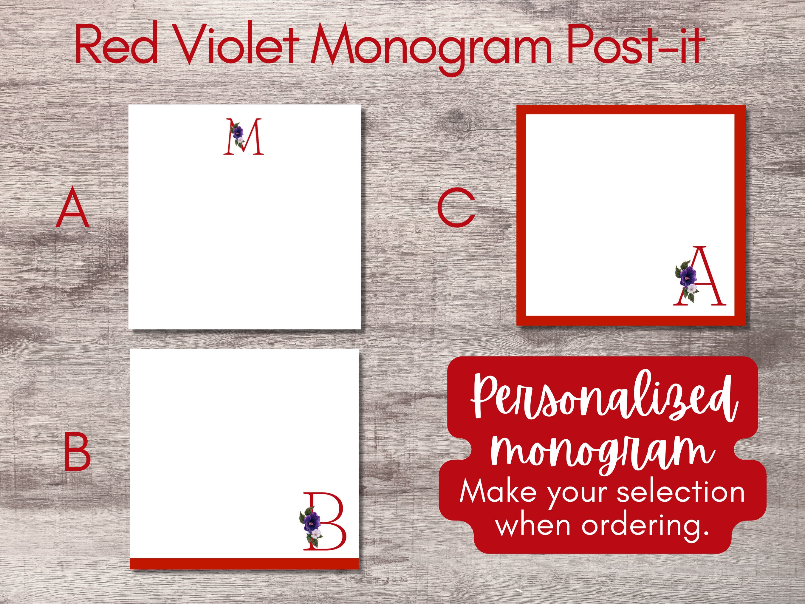 Violet Post It Note Monogram Post-it® Notes: Red Violet Floral, Personalized Stationery (3 ...