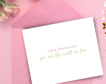 Fierce, Fabulous, Fine-Pink and Green Modern Stationery, Stationary For Women, Handwriten Notecards, So Pretty Notes