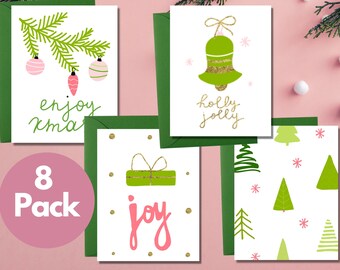 Holly Jolly Greetings, Holiday Cards, Pink and Green Christmas cards, Modern Holiday Set, Greeting Cards