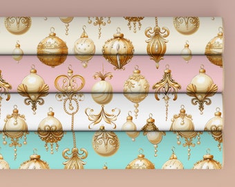 Wrapping Paper: Luxury Cream, PInk, Teal with Gold and Pearl ornaments for Christmas, Celebrate in Style