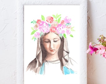 May include: Watercolor painting of a woman with a crown of pink and white flowers. She is wearing a blue and white robe and has long brown hair.