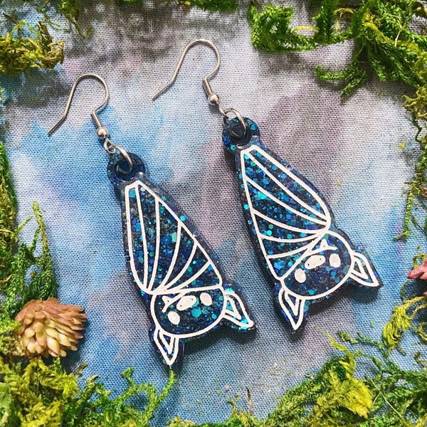 Spoopy Bat Earrings with Chunky Blue Glitter, halloween earrings, spooky earrings, spooky jewelry, cute bat earrings