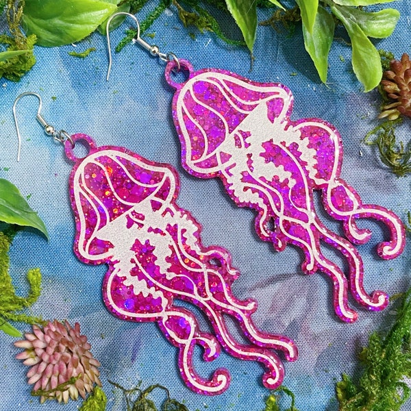 Pink Glitter Jellyfish Earrings - Statement Earrings, Ocean Earrings, Beach Earrings, Summer Earrings, Jellyfish Jewelry