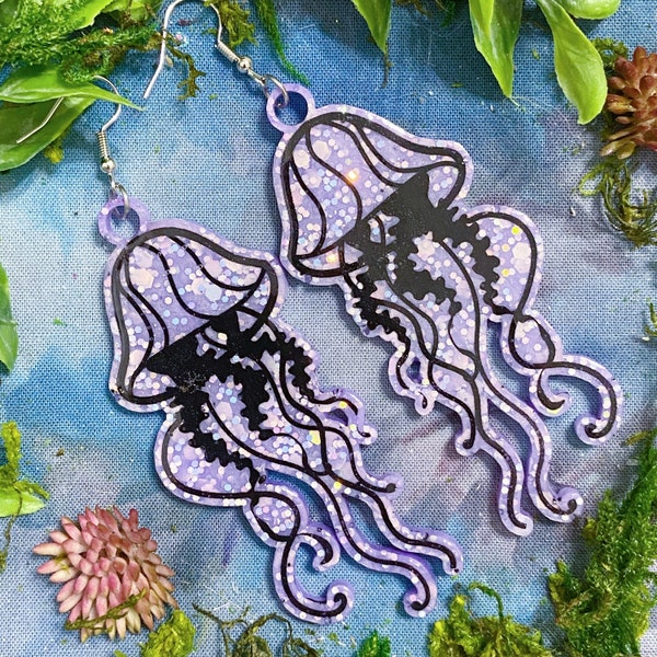 Pink and Purple Glitter Jellyfish Earrings - Statement Earrings, Ocean Earrings, Beach Earrings, Summer Earrings, Jellyfish Jewelry