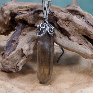 Smoky quartz crystal point pendant in stainless steel (silver). Healing stone necklace pendant for women.