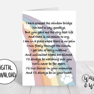 Hond verlies kaart, hond sympathie kaart, Rainbow Bridge kaart, afdrukbare huisdier verlies kaart, huisdier Memorial Card, 5x7 wenskaart, afdrukbare envelop
