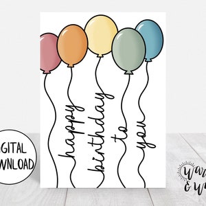 Druckbare Geburtstagskarte, Ballon Geburtstagskarte, Geburtstagskarte für Kinder, Digitale Geburtstagskarte, 5x7 Grußkarte, druckbarer Umschlag