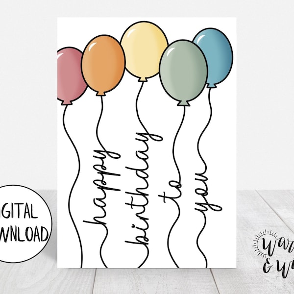 Printable Birthday Card, Balloon Birthday Card, Birthday Card for Kids, Digital Birthday Card, 5x7 Greeting Card, Printable Envelope