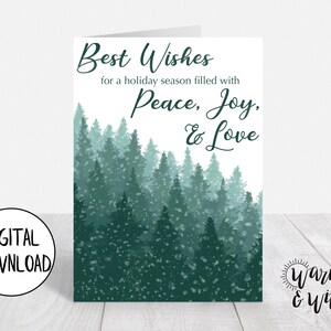Tarjeta navideña imprimible acuarela, tarjeta de Navidad de pino, tarjeta navideña digital, tarjeta de deseos de invierno, tarjeta de felicitación 5x7, sobre imprimible