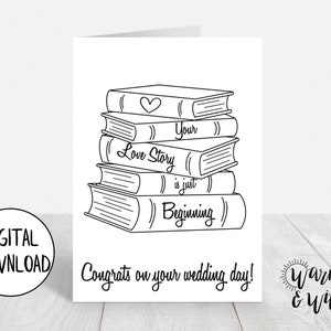 Tarjeta de boda imprimible, descarga digital de tarjeta de boda, tarjeta de amante del libro, tarjeta de libro, felicitaciones de tarjeta de boda, tarjeta 5x7, sobre imprimible