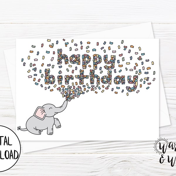 Printable Birthday Card for Kid, First Birthday Card, Elephant Birthday Card, Confetti Birthday Card, 5x7 Greeting Card, Printable Envelope