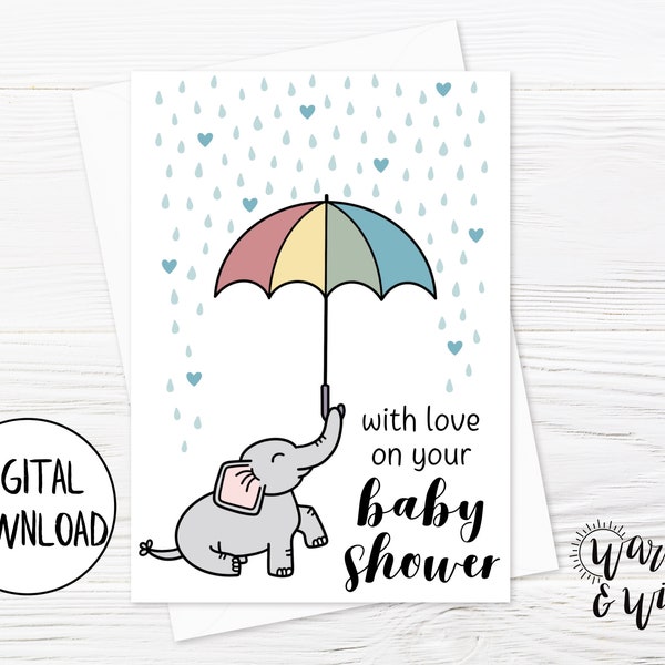 Printable Baby Shower Card, Girl, Boy, Elephant Baby Shower Card Digital, New Baby Card Printable, 5x7 Greeting Card, Printable Envelope