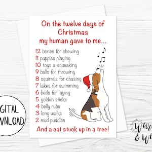 Cartolina di Natale stampabile da cane, cartolina di Natale per cani divertente, cartolina di vacanze per cani digitale, 12 giorni di Natale, carta 5x7, busta stampabile