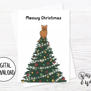 Druckbare Weihnachtskarte Katze, Lustige Katze Weihnachtskarte, Miau Weihnachtskarte, Katze Weihnachtskarten Digital, 5x7 Karte, druckbarer Umschlag