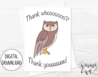 Printable Thank You Card Funny, Digital Thank You Cards, Owl Card, Pun Thank You Cards, 5x7 Greeting Card, Printable Envelope