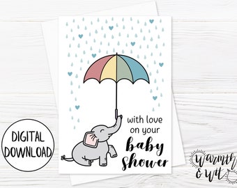 Printable Baby Shower Card, Girl, Boy, Elephant Baby Shower Card Digital, New Baby Card Printable, 5x7 Greeting Card, Printable Envelope