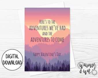 Printable Valentines Day Card Adventure, Romantic Valentine for Husband, for Wife, Digital Valentine Card Mountains, 5x7 Card, Envelope