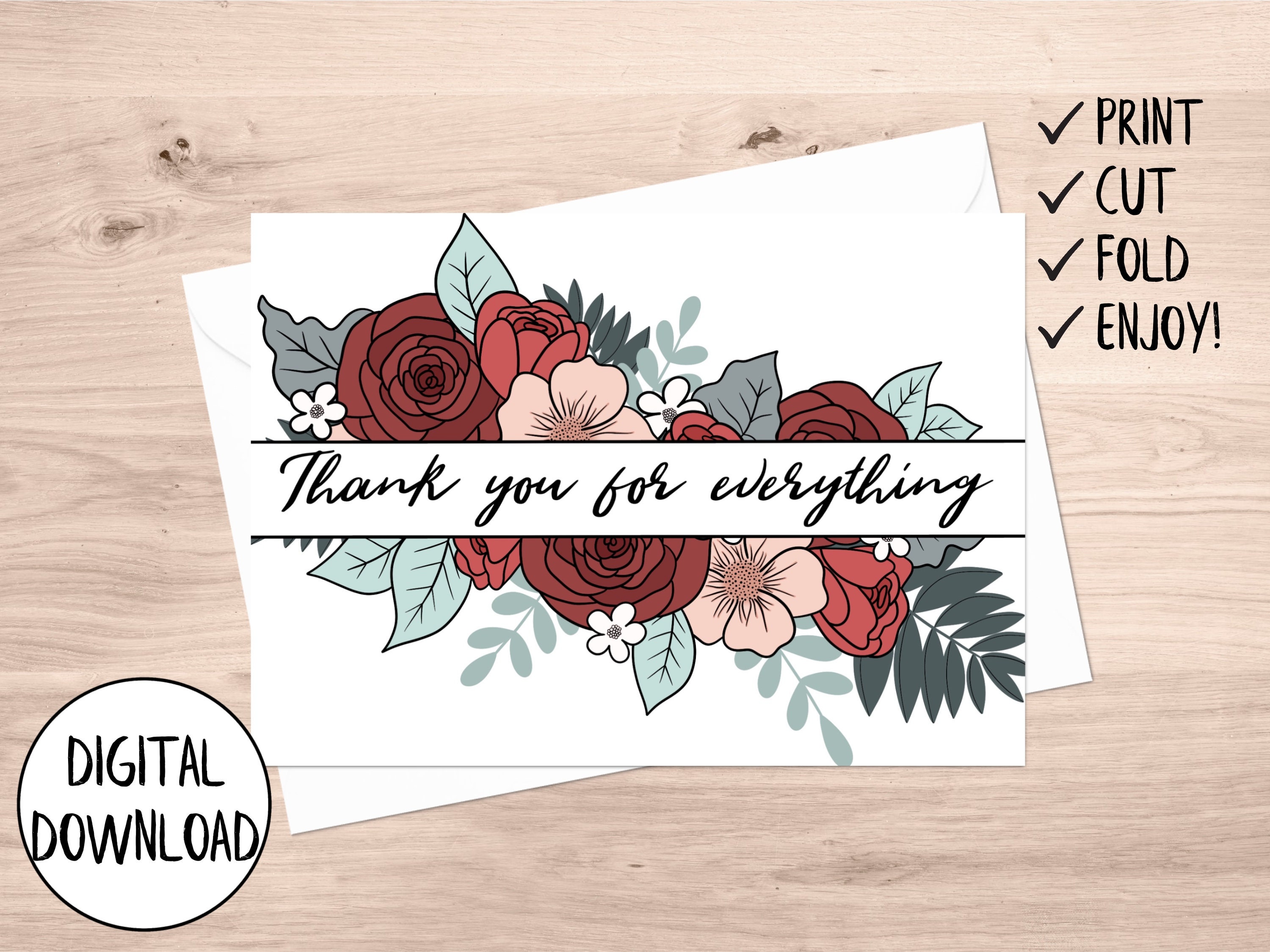 Printable Floral Thank You Card, Flower Thank You Card, Thank You Card ...
