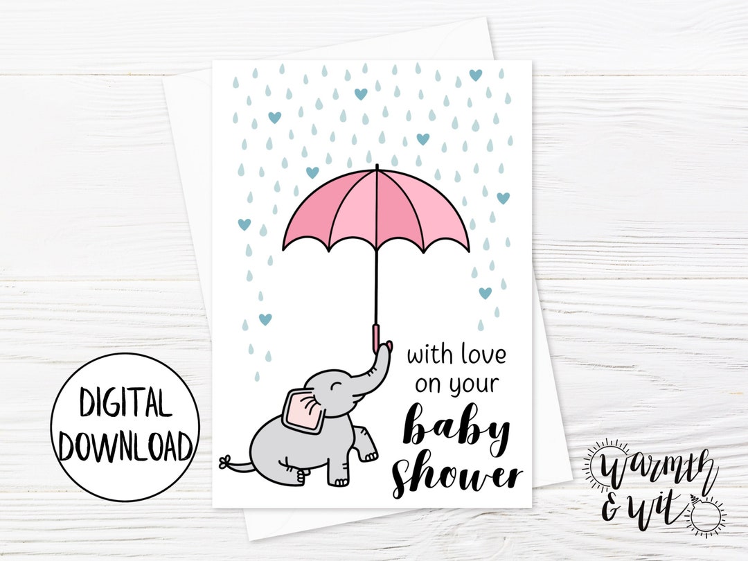 Printable Baby Shower Card Girl, Elephant Baby Shower Card Digital