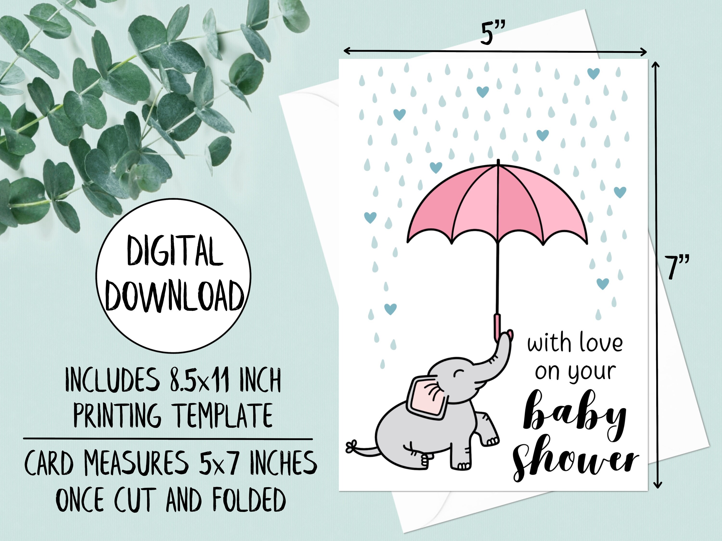 Printable Baby Shower Card Girl, Elephant Baby Shower Card Digital ...