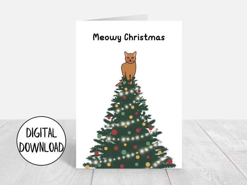 Printable Christmas Card Cat, Funny Cat Christmas Card, Meowy Christmas ...