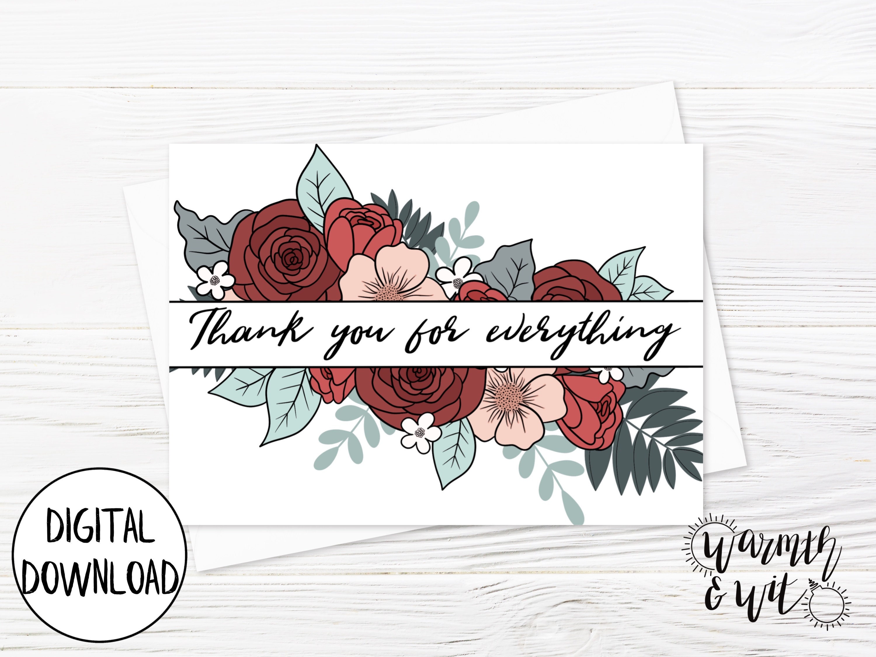 Printable Floral Thank You Card, Flower Thank You Card, Thank You Card ...