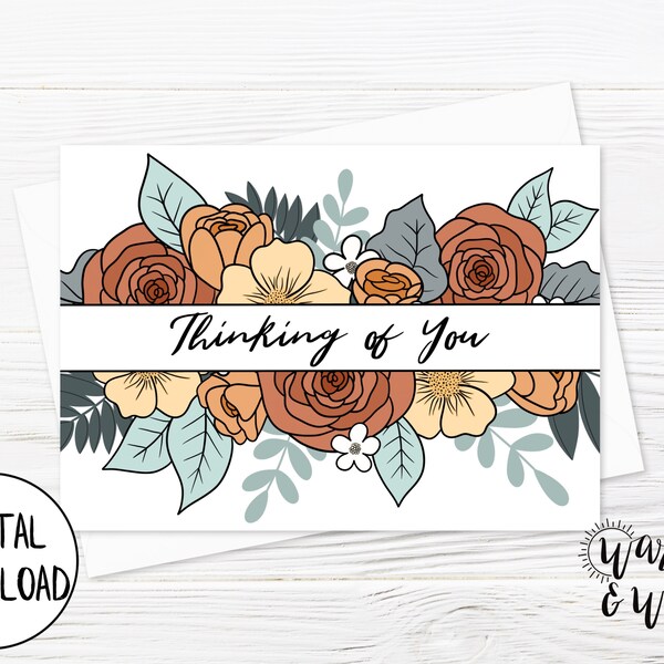 Printable Thinking of You Card, Positivity Card, Get Well Card Printable, Strength Card, Floral Card, 5x7 Greeting Card, Printable Envelope