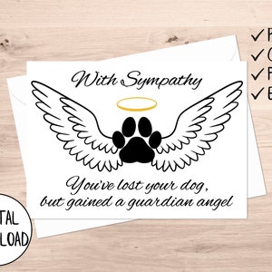 May include: A sympathy card with a black paw print with a halo above it and wings on either side. The text reads "With Sympathy You've lost your dog, but gained a guardian angel."