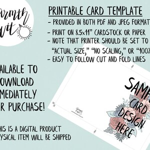 May include: Printable card template with a floral design. The template is available for instant download in PDF and JPEG formats. The text on the template says "Sample Card Design Here".