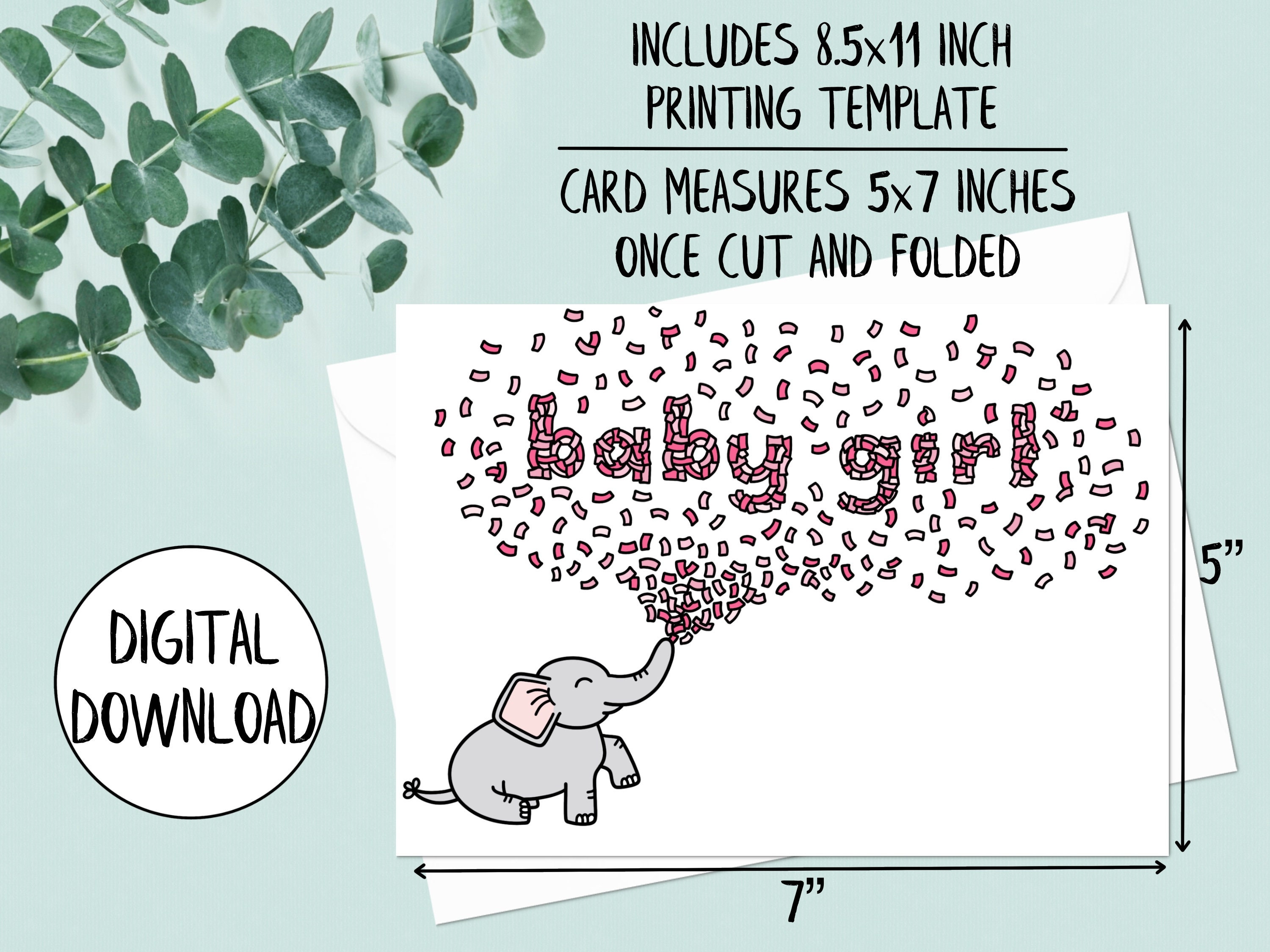 Printable Baby Shower Card Girl, Baby Girl Card, Elephant Baby Shower ...