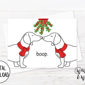 Biglietto di Natale stampabile con cane divertente, biglietto di Natale con bassotto e vischio, per moglie, marito, biglietto di auguri per cani, biglietto 5x7, busta stampabile