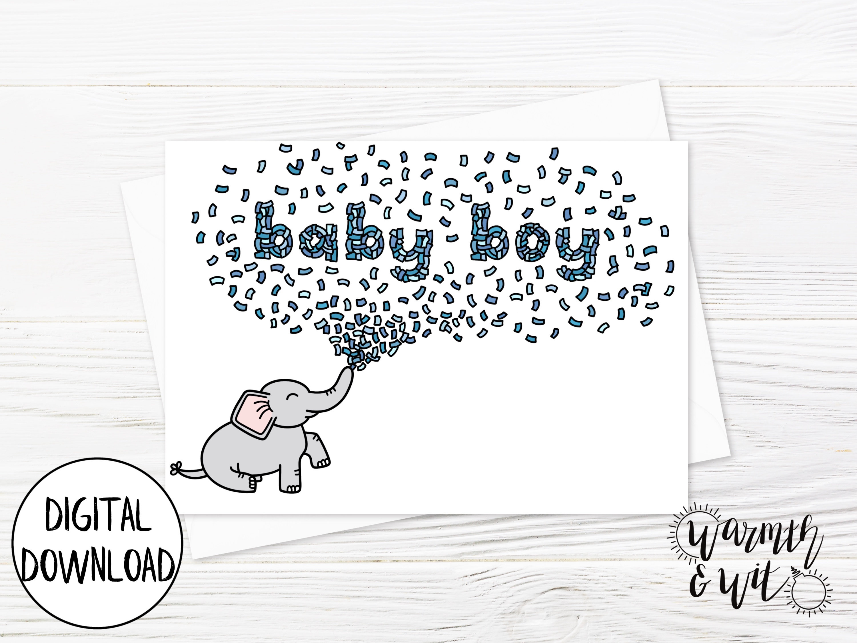 Printable Baby Boy Shower Card, Baby Boy Card Printable, Elephant Baby Shower Card Digital, New Baby Card, 5x7 Card, Printable Envelope