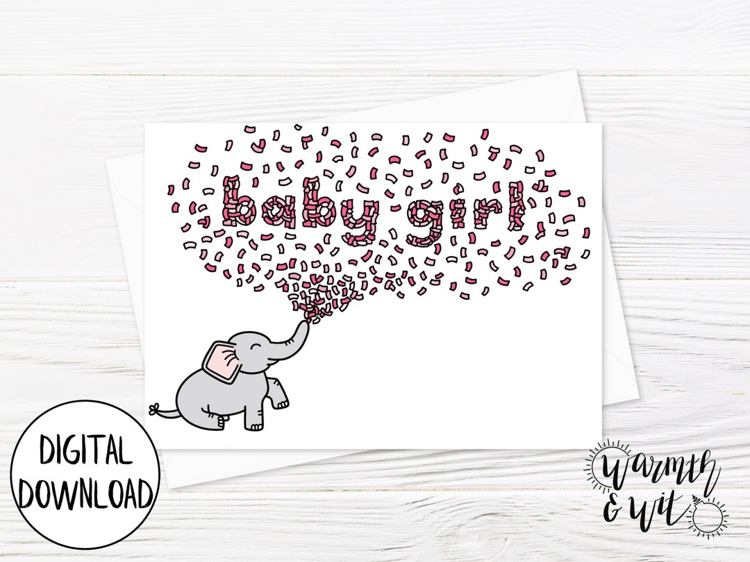 Printable Baby Shower Card Girl Baby Girl Card Elephant Baby Etsy