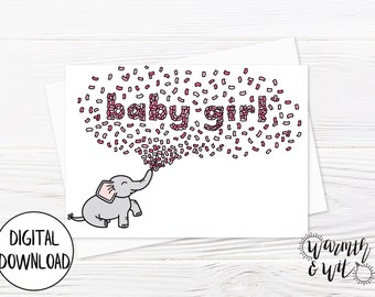 Printable Baby Shower Card Girl, Baby Girl Card, Elephant Baby Shower Card Digital, New Baby Card, 5x7 Greeting Card, Printable Envelope