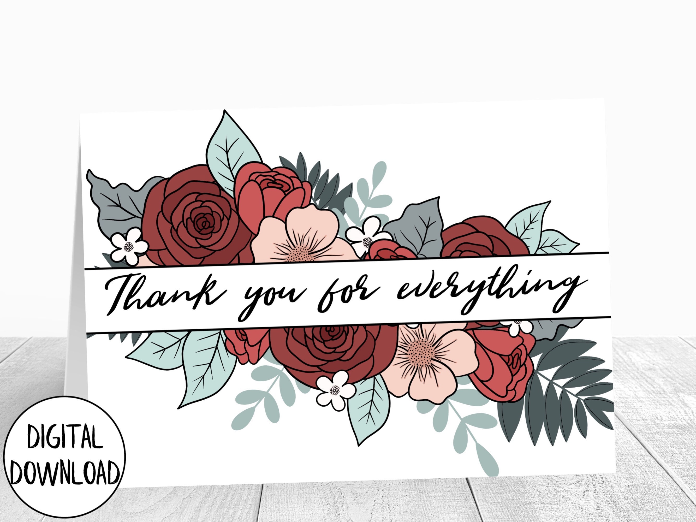 Printable Floral Thank You Card, Flower Thank You Card, Thank You Card ...