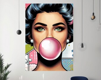 Affiche POP ART , femme bubble gum , décoration d'interieur, affiche femme années 50